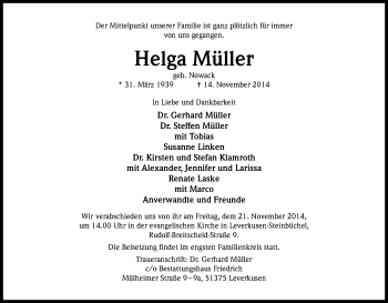 Anzeige von Helga Müller von Kölner Stadt-Anzeiger / Kölnische Rundschau / Express