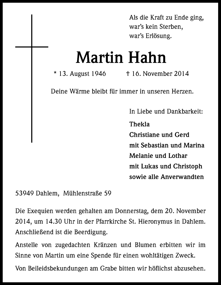  Traueranzeige für Martin Hahn vom 19.11.2014 aus Kölner Stadt-Anzeiger / Kölnische Rundschau / Express