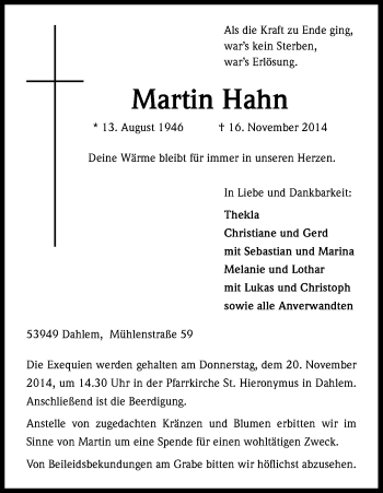Anzeige von Martin Hahn von Kölner Stadt-Anzeiger / Kölnische Rundschau / Express