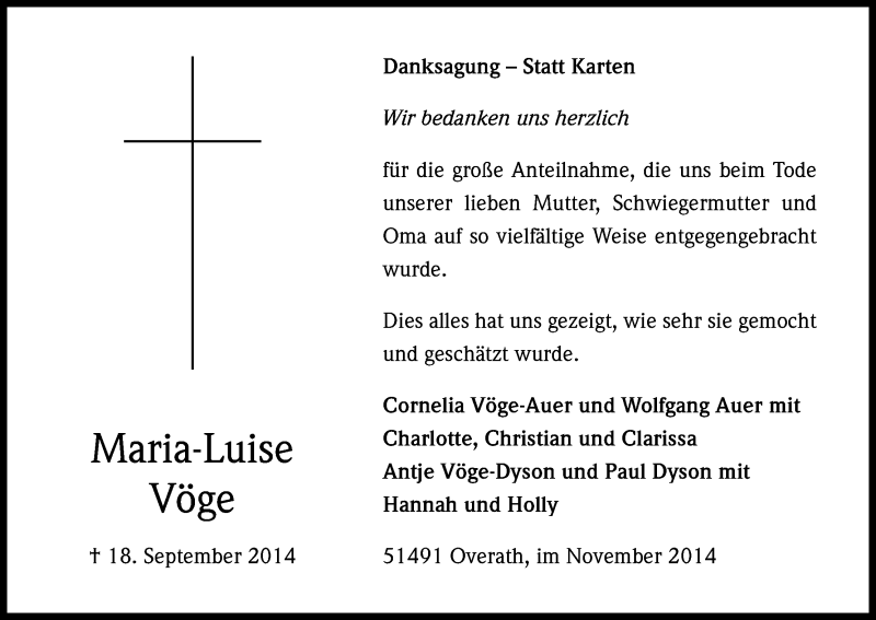  Traueranzeige für Maria-Luise Vöge vom 29.11.2014 aus Kölner Stadt-Anzeiger / Kölnische Rundschau / Express