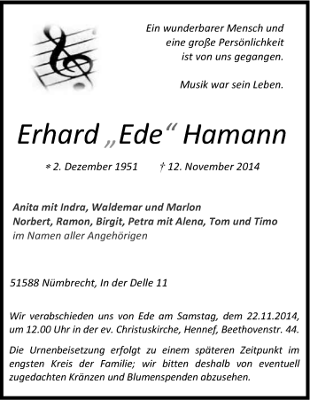 Anzeige von Erhard Hamann von Kölner Stadt-Anzeiger / Kölnische Rundschau / Express
