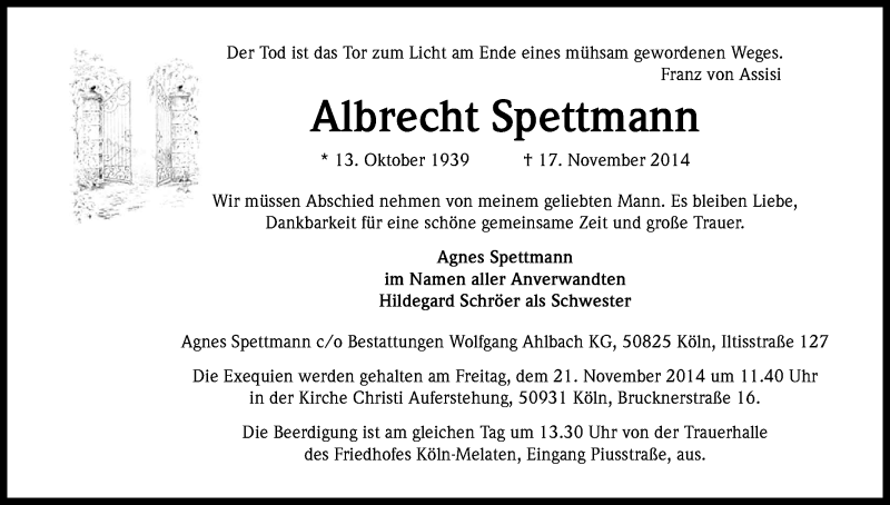  Traueranzeige für Albrecht Spettmann vom 19.11.2014 aus Kölner Stadt-Anzeiger / Kölnische Rundschau / Express