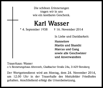 Anzeige von Karl Wasser von Kölner Stadt-Anzeiger / Kölnische Rundschau / Express