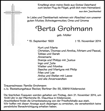 Anzeige von Berta Grohmann von Kölner Stadt-Anzeiger / Kölnische Rundschau / Express