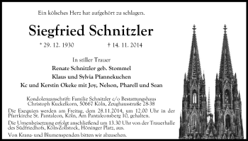 Anzeige von Siegfried Schnitzler von Kölner Stadt-Anzeiger / Kölnische Rundschau / Express