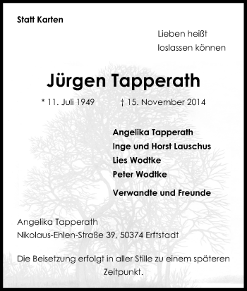 Anzeige von Jürgen Tapperath von Kölner Stadt-Anzeiger / Kölnische Rundschau / Express
