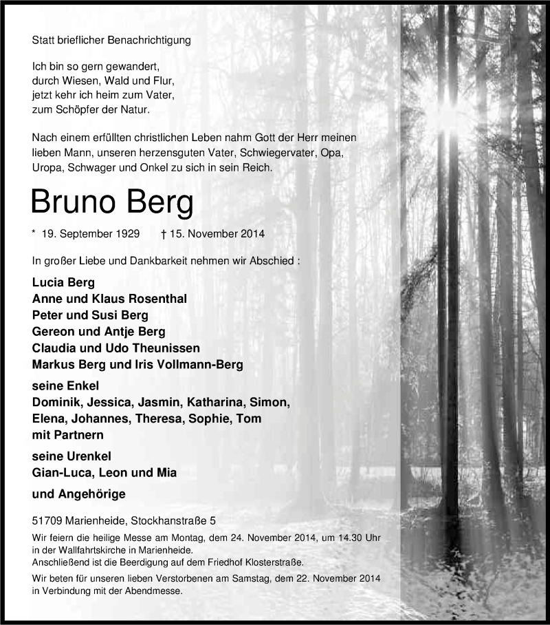  Traueranzeige für Bruno Berg vom 19.11.2014 aus Kölner Stadt-Anzeiger / Kölnische Rundschau / Express