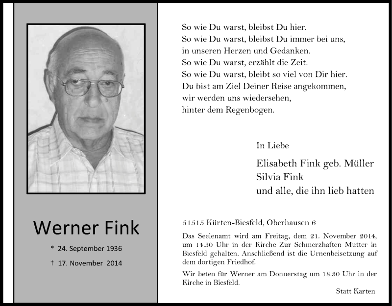  Traueranzeige für Werner Fink vom 19.11.2014 aus Kölner Stadt-Anzeiger / Kölnische Rundschau / Express