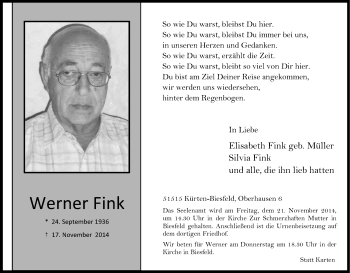 Anzeige von Werner Fink von Kölner Stadt-Anzeiger / Kölnische Rundschau / Express