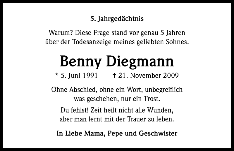  Traueranzeige für Benny Diegmann vom 22.11.2014 aus Kölner Stadt-Anzeiger / Kölnische Rundschau / Express