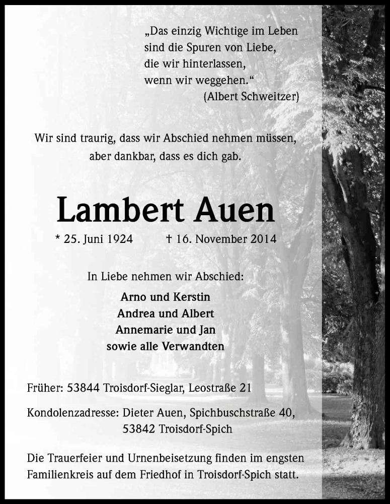  Traueranzeige für Lambert Auen vom 22.11.2014 aus Kölner Stadt-Anzeiger / Kölnische Rundschau / Express