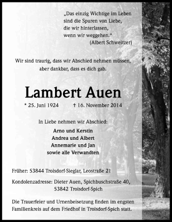 Anzeige von Lambert Auen von Kölner Stadt-Anzeiger / Kölnische Rundschau / Express