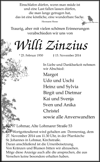 Anzeige von Willi Zinzius von Kölner Stadt-Anzeiger / Kölnische Rundschau / Express