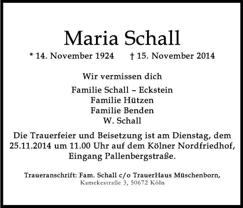  Traueranzeige für Maria Schall vom 22.11.2014 aus Kölner Stadt-Anzeiger / Kölnische Rundschau / Express