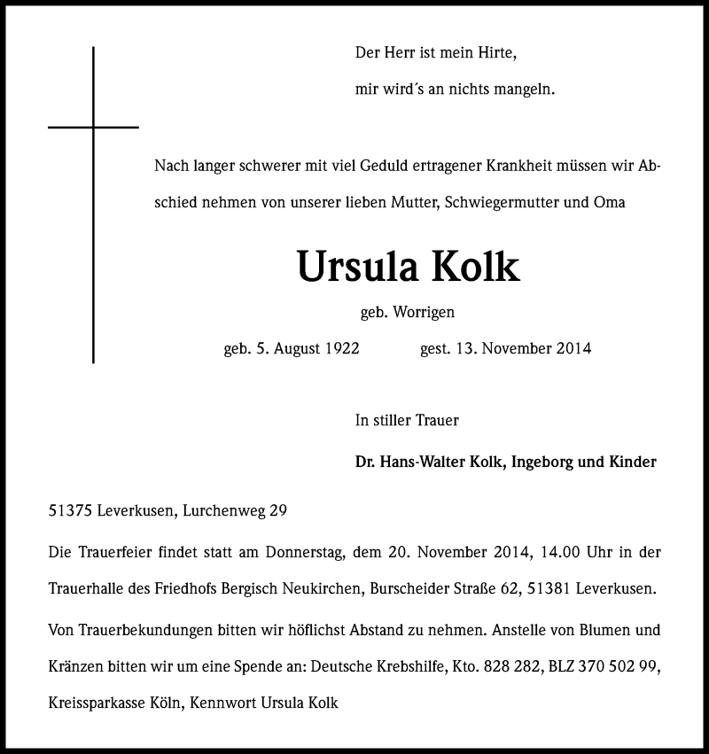  Traueranzeige für Ursula Kolk vom 20.11.2014 aus Kölner Stadt-Anzeiger / Kölnische Rundschau / Express