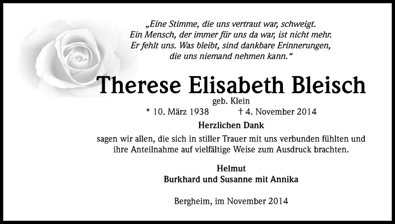  Traueranzeige für Therese Elisabeth Bleisch vom 22.11.2014 aus Kölner Stadt-Anzeiger / Kölnische Rundschau / Express