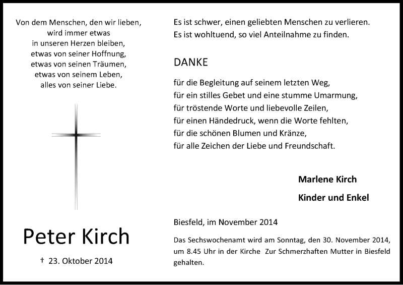  Traueranzeige für Peter Kirch vom 22.11.2014 aus Kölner Stadt-Anzeiger / Kölnische Rundschau / Express