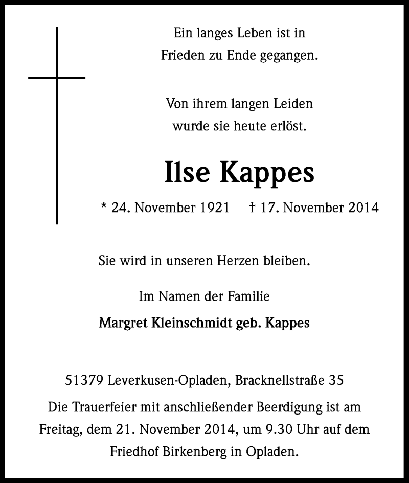  Traueranzeige für Ilse Kappes vom 20.11.2014 aus Kölner Stadt-Anzeiger / Kölnische Rundschau / Express
