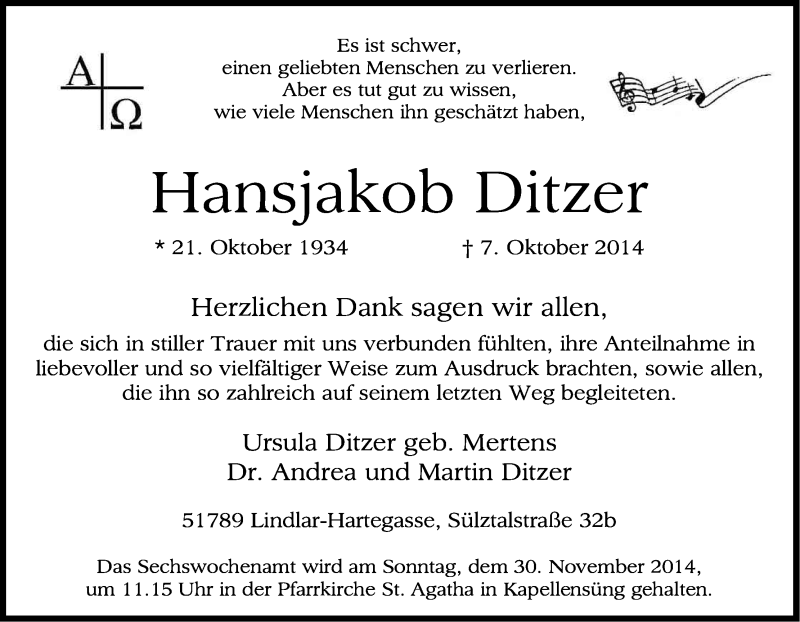  Traueranzeige für Hansjakob Ditzer vom 22.11.2014 aus Kölner Stadt-Anzeiger / Kölnische Rundschau / Express