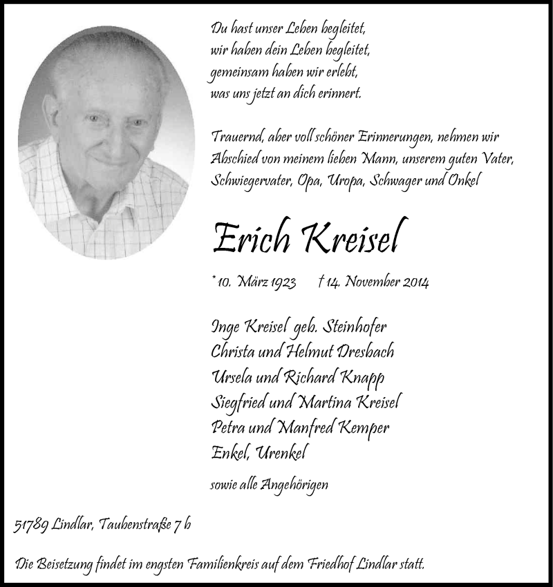  Traueranzeige für Erich Kreisel vom 22.11.2014 aus Kölner Stadt-Anzeiger / Kölnische Rundschau / Express