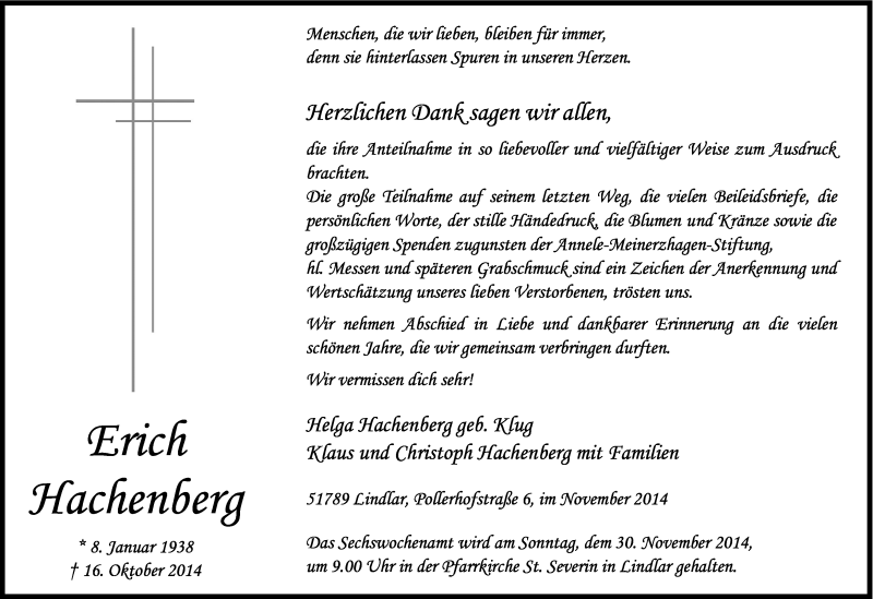  Traueranzeige für Erich Hachenberg vom 22.11.2014 aus Kölner Stadt-Anzeiger / Kölnische Rundschau / Express