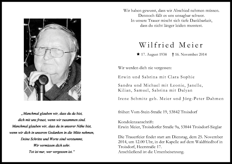  Traueranzeige für Wilfried Meier vom 22.11.2014 aus Kölner Stadt-Anzeiger / Kölnische Rundschau / Express