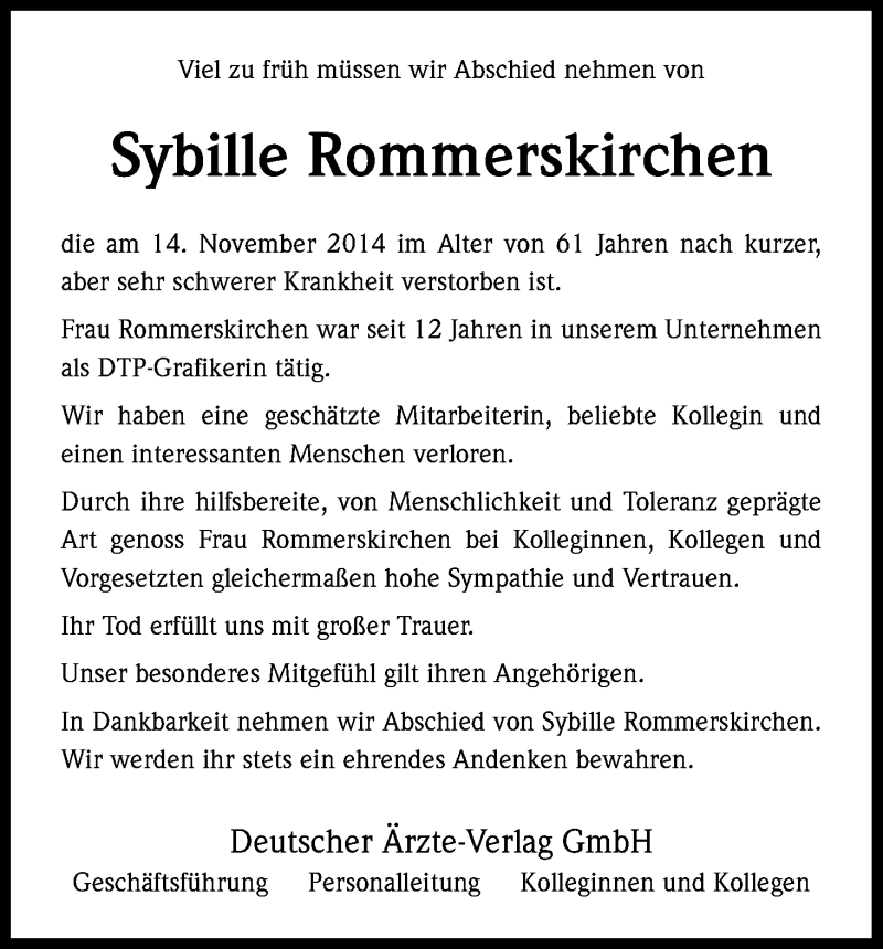  Traueranzeige für Sybille Rommerskirchen vom 22.11.2014 aus Kölner Stadt-Anzeiger / Kölnische Rundschau / Express