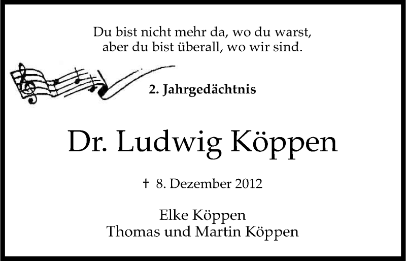  Traueranzeige für Ludwig Köppen vom 06.12.2014 aus Kölner Stadt-Anzeiger / Kölnische Rundschau / Express