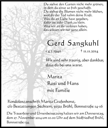 Anzeige von Gerd Sangkuhl von Kölner Stadt-Anzeiger / Kölnische Rundschau / Express