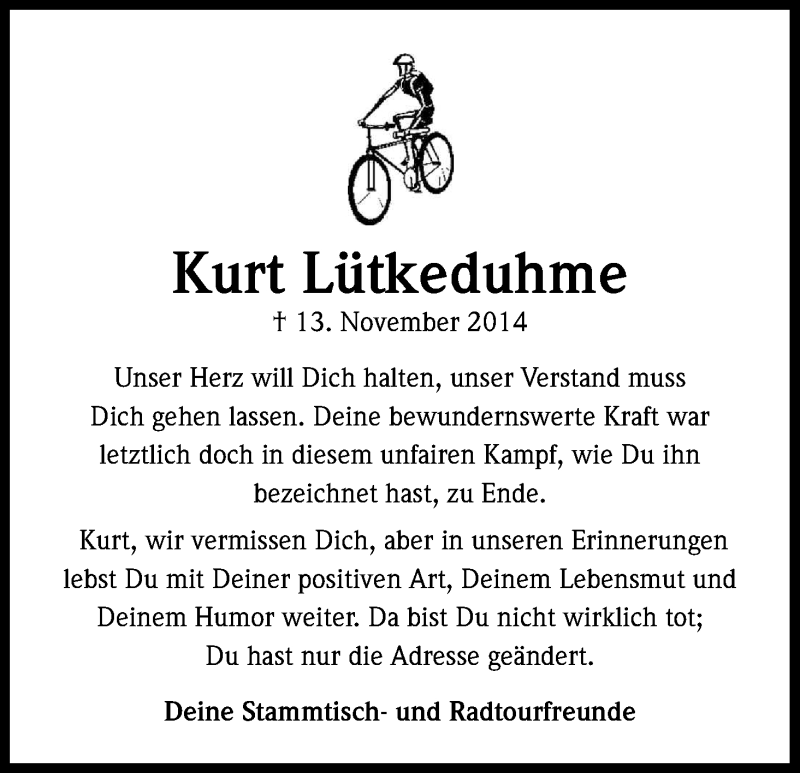  Traueranzeige für Kurt Lütkeduhme vom 20.11.2014 aus Kölner Stadt-Anzeiger / Kölnische Rundschau / Express