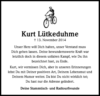 Anzeige von Kurt Lütkeduhme von Kölner Stadt-Anzeiger / Kölnische Rundschau / Express