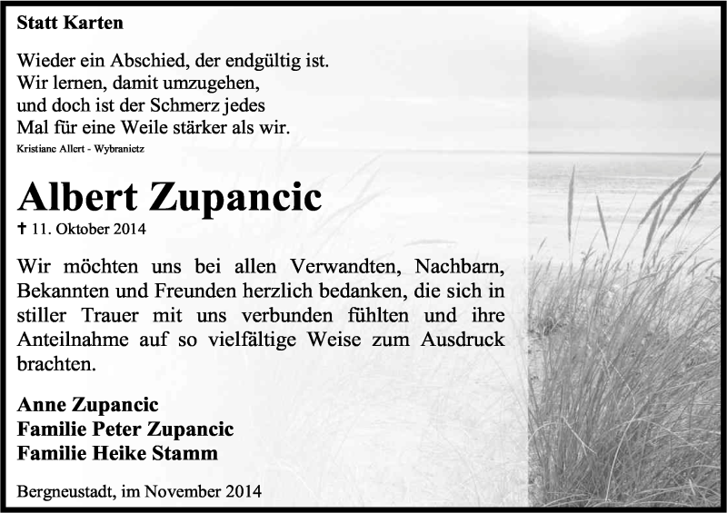  Traueranzeige für Albert Zupancic vom 22.11.2014 aus Kölner Stadt-Anzeiger / Kölnische Rundschau / Express