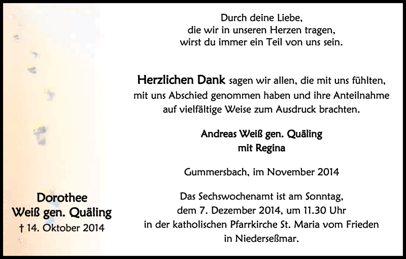  Traueranzeige für Dorothee Weiß gen. Quäling vom 29.11.2014 aus Kölner Stadt-Anzeiger / Kölnische Rundschau / Express