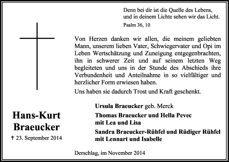  Traueranzeige für Hans-Kurt Braeucker vom 22.11.2014 aus Kölner Stadt-Anzeiger / Kölnische Rundschau / Express