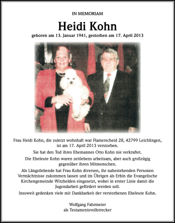 Anzeige von Heidi Kohn von Kölner Stadt-Anzeiger / Kölnische Rundschau / Express