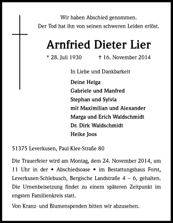 Anzeige von Arnfried Dieter Lier von Kölner Stadt-Anzeiger / Kölnische Rundschau / Express