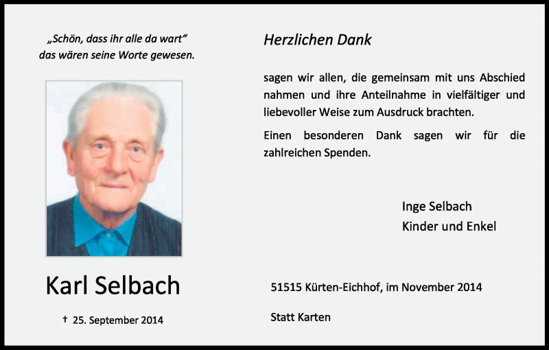  Traueranzeige für Karl Selbach vom 22.11.2014 aus Kölner Stadt-Anzeiger / Kölnische Rundschau / Express