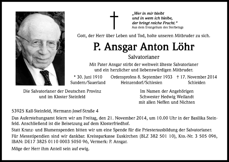  Traueranzeige für Ansgar Anton Löhr vom 20.11.2014 aus Kölner Stadt-Anzeiger / Kölnische Rundschau / Express