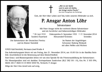 Anzeige von Ansgar Anton Löhr von Kölner Stadt-Anzeiger / Kölnische Rundschau / Express