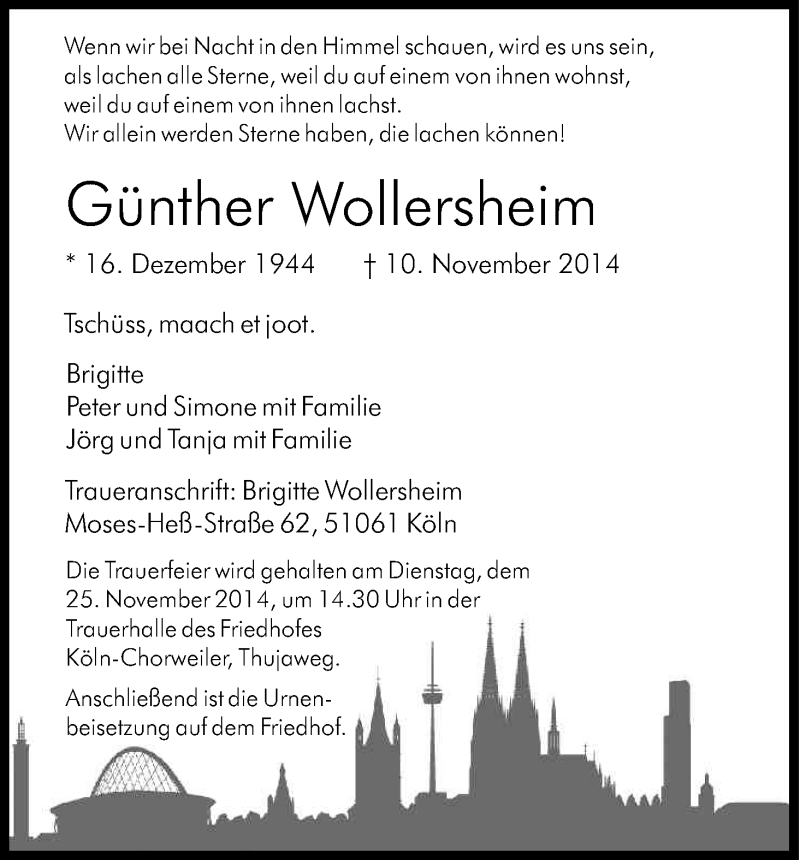  Traueranzeige für Günther Wollersheim vom 22.11.2014 aus Kölner Stadt-Anzeiger / Kölnische Rundschau / Express