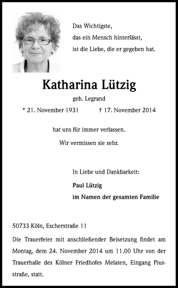 Anzeige von Katharina Lützig von Kölner Stadt-Anzeiger / Kölnische Rundschau / Express