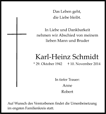 Anzeige von Karl-Heinz Schmidt von Kölner Stadt-Anzeiger / Kölnische Rundschau / Express