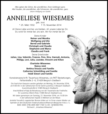 Anzeige von Anneliese Wiesemes von Kölner Stadt-Anzeiger / Kölnische Rundschau / Express