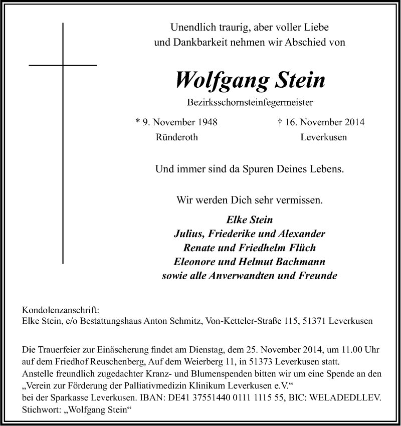  Traueranzeige für Wolfgang Stein vom 20.11.2014 aus Kölner Stadt-Anzeiger / Kölnische Rundschau / Express
