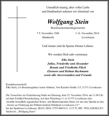 Anzeige von Wolfgang Stein von Kölner Stadt-Anzeiger / Kölnische Rundschau / Express