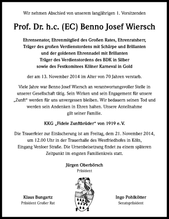 Anzeige von Benno Josef Wiersch von Kölner Stadt-Anzeiger / Kölnische Rundschau / Express