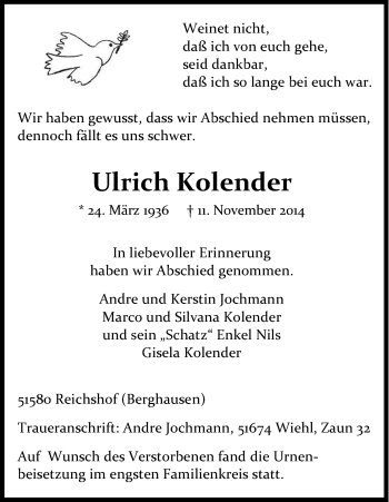Anzeige von Ulrich Kolender von Kölner Stadt-Anzeiger / Kölnische Rundschau / Express