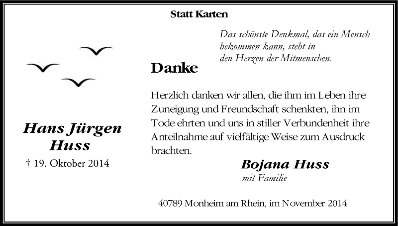  Traueranzeige für Hans Jürgen Huss vom 22.11.2014 aus Kölner Stadt-Anzeiger / Kölnische Rundschau / Express