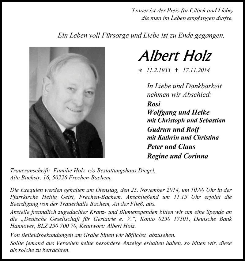  Traueranzeige für Albert Holz vom 22.11.2014 aus Kölner Stadt-Anzeiger / Kölnische Rundschau / Express