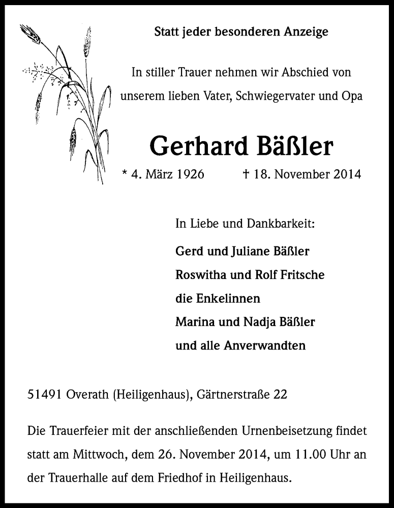  Traueranzeige für Gerhard Bäßler vom 20.11.2014 aus Kölner Stadt-Anzeiger / Kölnische Rundschau / Express